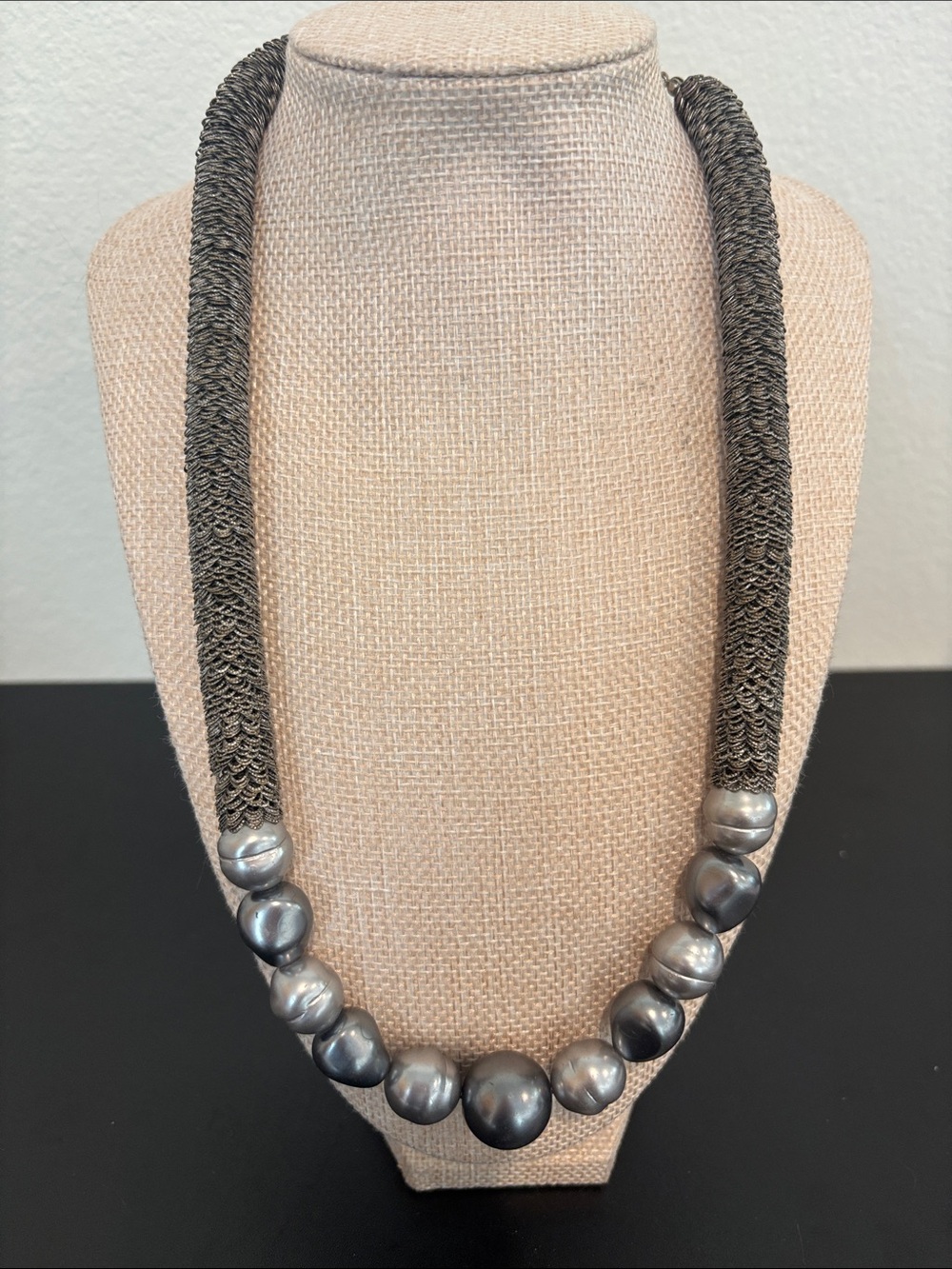 Vintage Industrial Chic Grey Pearl & Woven Mesh Statement Necklace